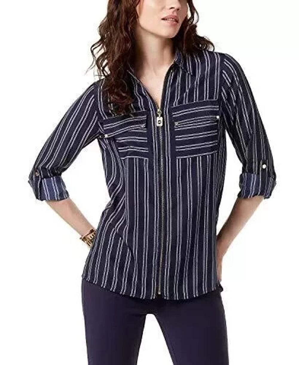 MICHAEL Michael Kors Women's Blouse Size XS Blue Stripe Roll Tap Dog Tag